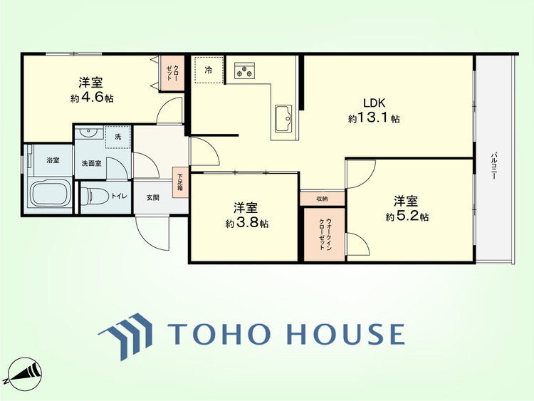間取り 3LDK　専有面積59.59平米、バルコニー面積5.40平米