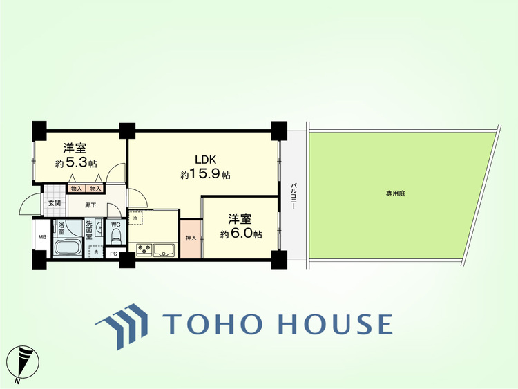 間取り 2LDK　専有面積60.84平米、バルコニー面積6.86平米、専用庭面積40平米