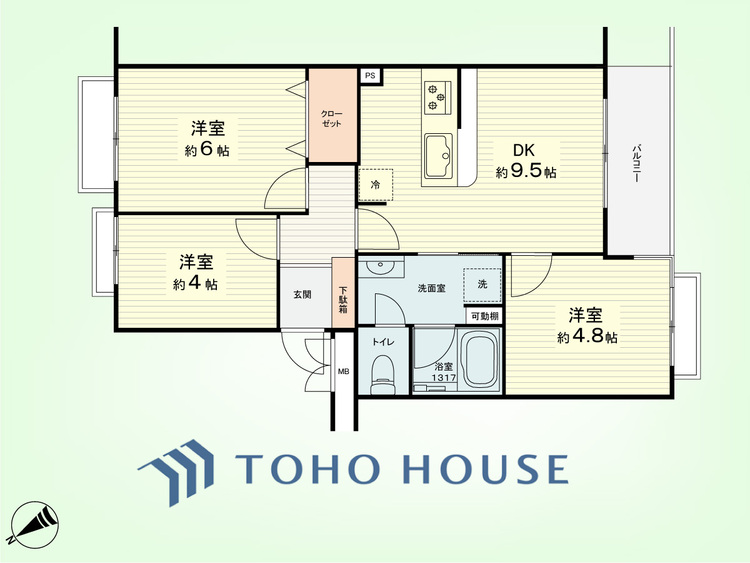 間取り 3LDK　専有面積53.23平米、バルコニー面積5.46平米
