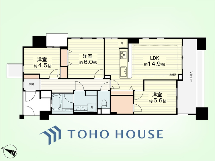 間取り 3LDK　専有面積74.02平米、バルコニー面積10.90平米