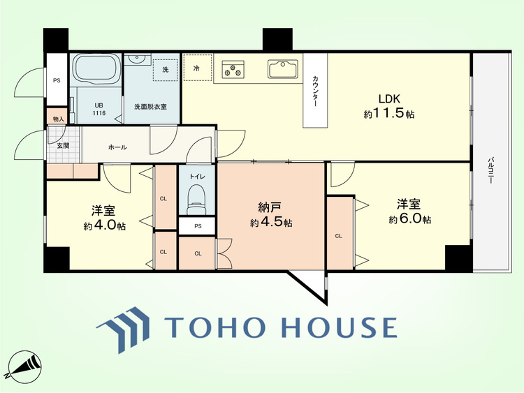 間取り 2SLDK　専有面積56.97平米、バルコニー面積5.07平米