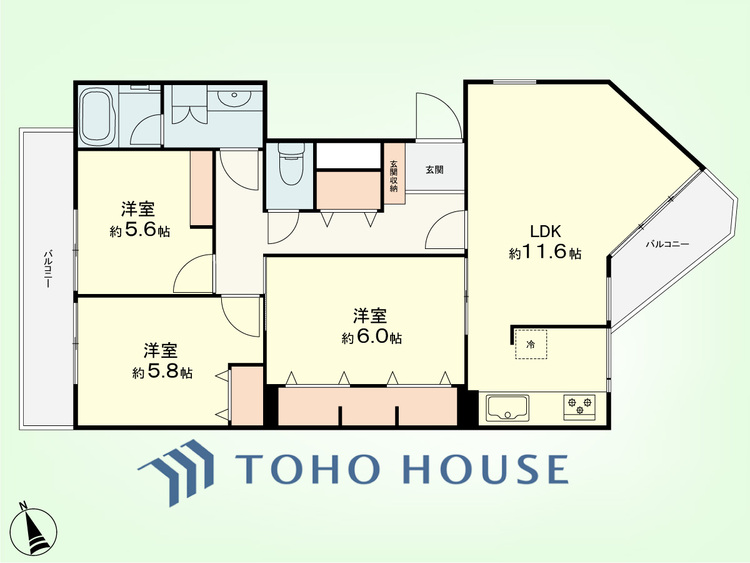 間取り 3LDK　専有面積78.55平米、バルコニー面積10.66平米
