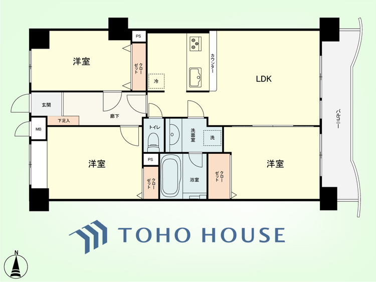 間取り 3LDK　専有面積73.08平米、バルコニー面積7.82平米