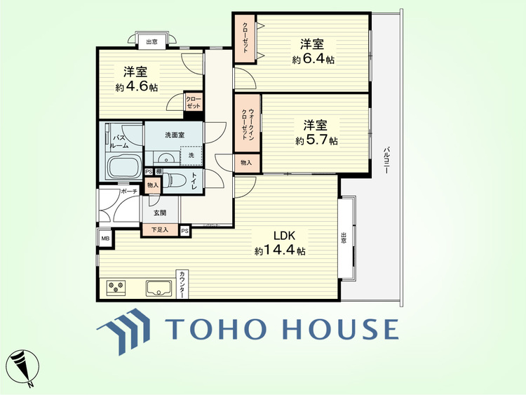 間取り 3LDK　専有面積71.43平米、バルコニー面積12.37平米