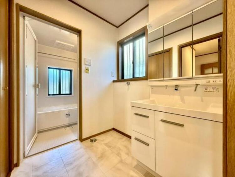 洗面 鏡面裏が収納となっており小物もすっきりと収納できる洗面台 