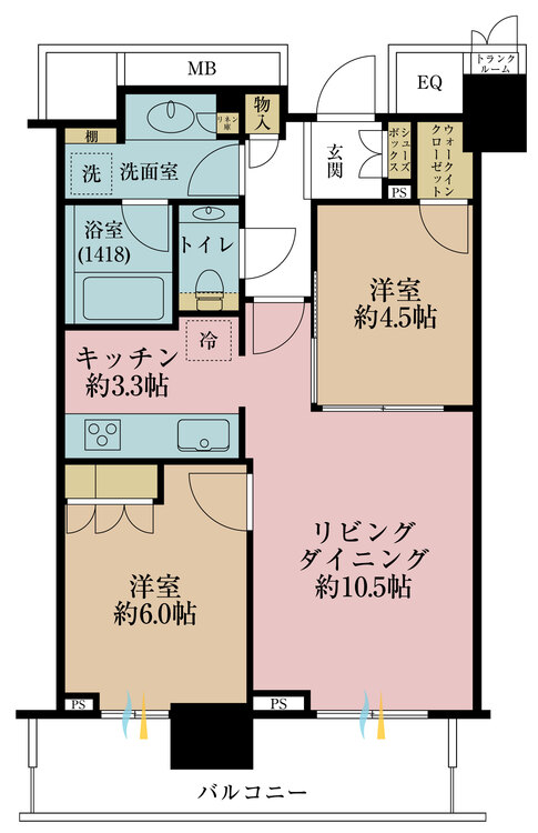 間取り 2LDK、専有面積56.21?、バルコニー面積9.87?
