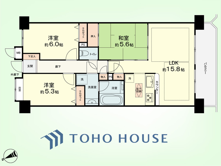間取り 3LDK　専有面積70.76平米、バルコニー面積8.89平米