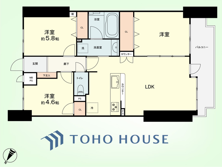 間取り 3LDK　専有面積68.90平米、バルコニー面積9.1平米