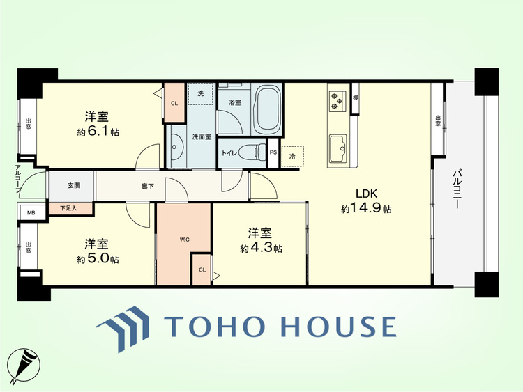間取り 3LDK　専有面積70.16平米、バルコニー面積11.4平米