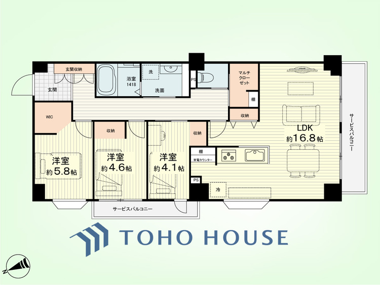 間取り 3LDK　専有面積72.29平米、バルコニー面積8.41平米