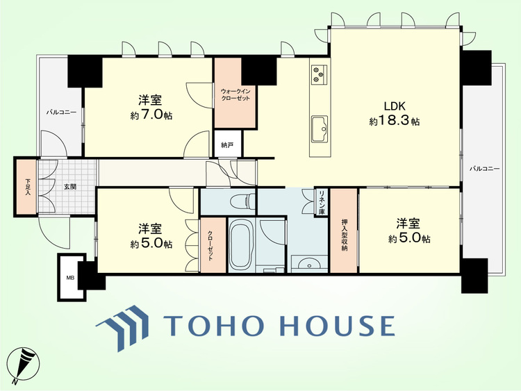 間取り 3LDK　専有面積81.31平米、バルコニー面積11.33平米