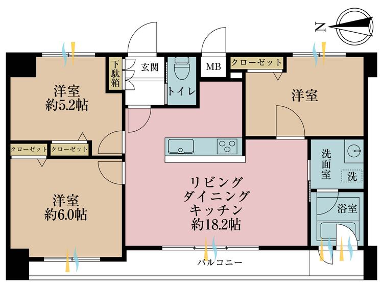 間取り 3LDK、専有面積60.52?、バルコニー面積9.22?