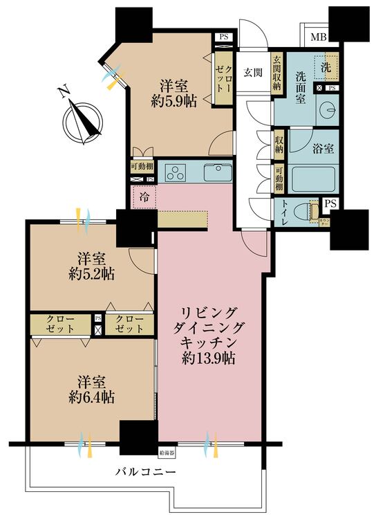 その他 3LDK、専有面積70.18?、バルコニー面積8.76? 