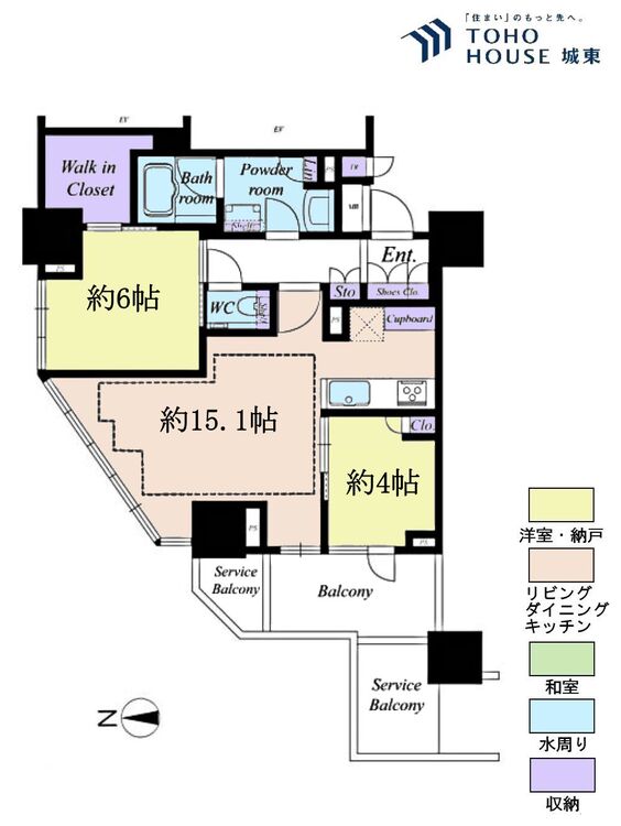 間取り ２ＬＤＫ、専有面積６４．１４平米、バルコニー面積１３．０６平米