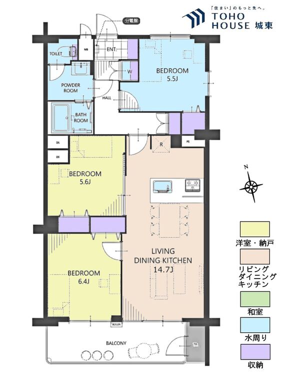 間取り ３ＬＤＫ、専有面積７２．７１平米、９．３５面積平米