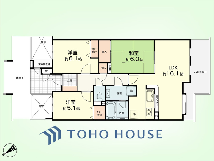 間取り 3LDK　専有面積74.92平米、バルコニー面積9.77平米