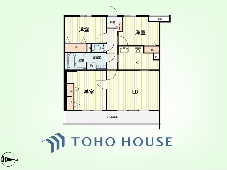 間取り 3LDK　専有面積68.06平米、バルコニー面積9.84平米