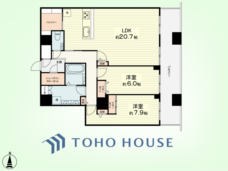 間取り 2LDK+パントリー、リネン庫　専有面積85.43平米、バルコニー面積15.91平米