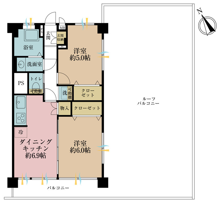 間取り 2DK、専有面積48.6?。バルコニー面積6.48?、ルーフバルコニー面積62.1?