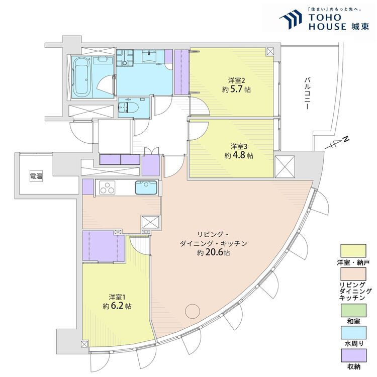間取り ３ＬＤＫ、専有面積８８．９９平米、バルコニー面積９．０７平米