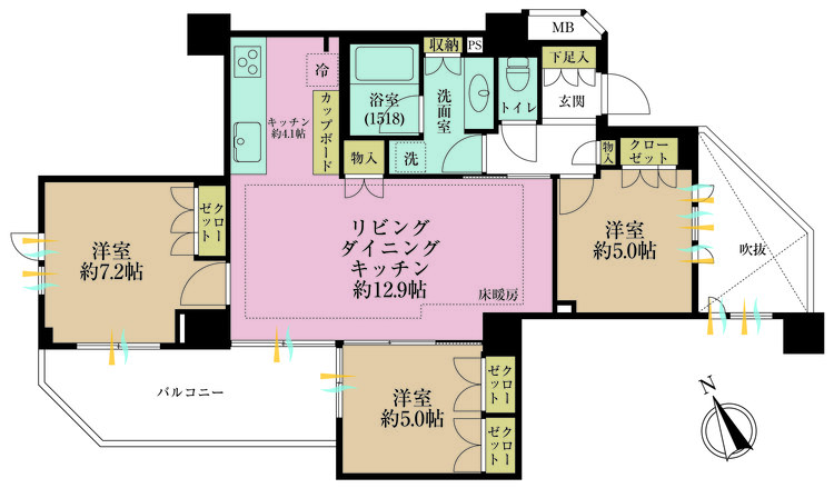 その他 3LDK、専有面積75.52m2、バルコニー面積10.61m2