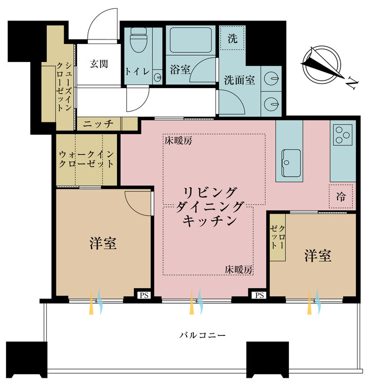 間取り 2LDK、専有面積65.22m2、バルコニー面積18m2