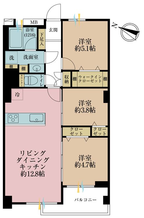 その他 3LDK、専有面積61.4m2、バルコニー面積5.39m2