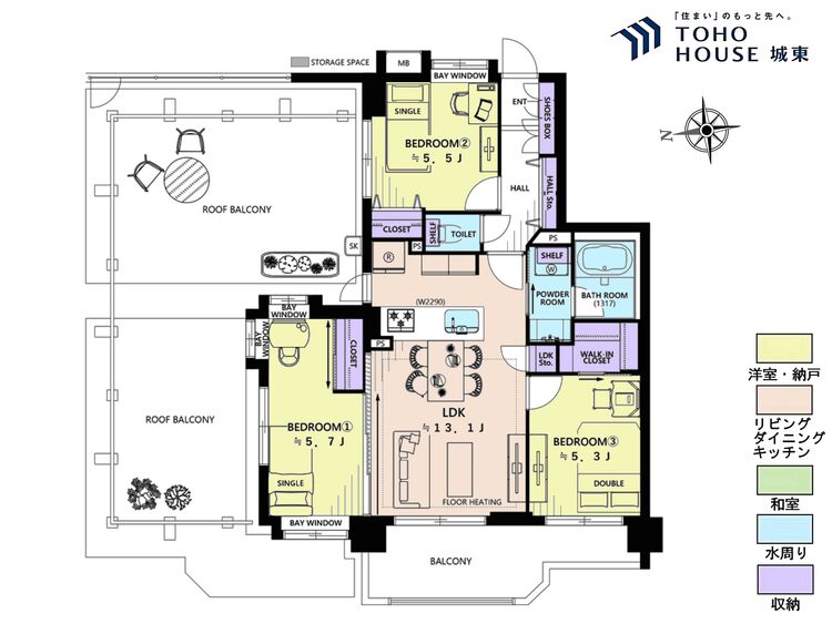 間取り ３ＬＤＫ、専有面積６６．７５平米、バルコニー面積９．２２平米