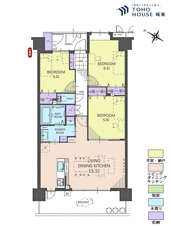 間取り ３ＬＤＫ、専有面積７３．３５平米、バルコニー面積１２．５４平米