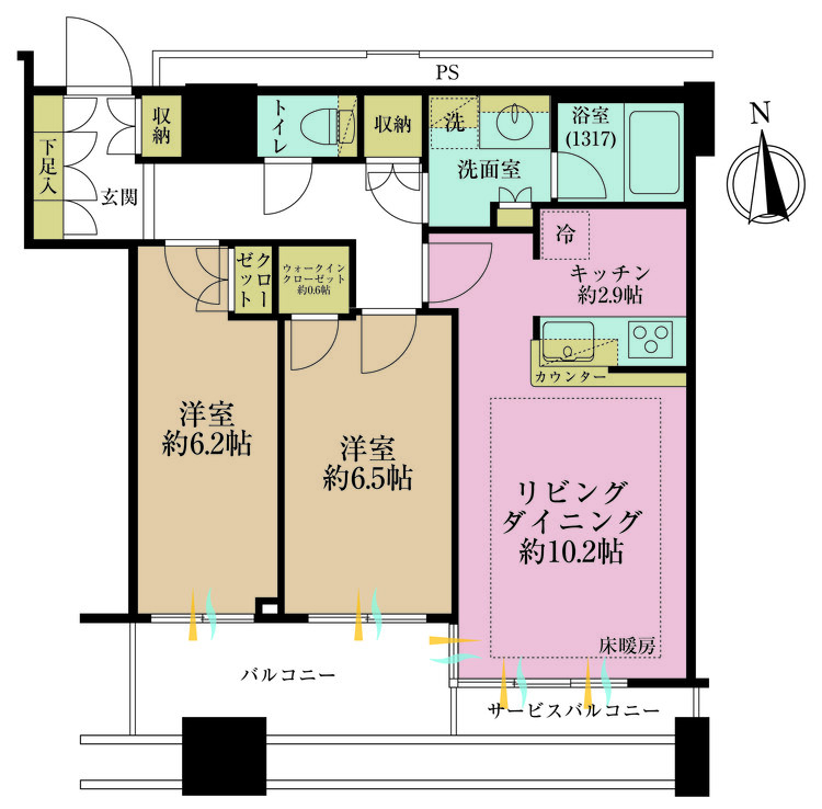 その他 2LDK、専有面積62.24m2、バルコニー面積7.3m2