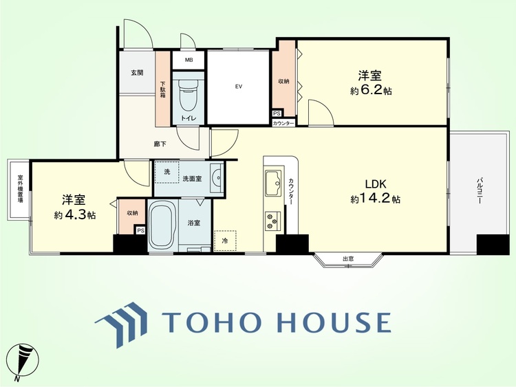 間取り 2LDK　専有面積55.74平米、バルコニー面積5.95平米