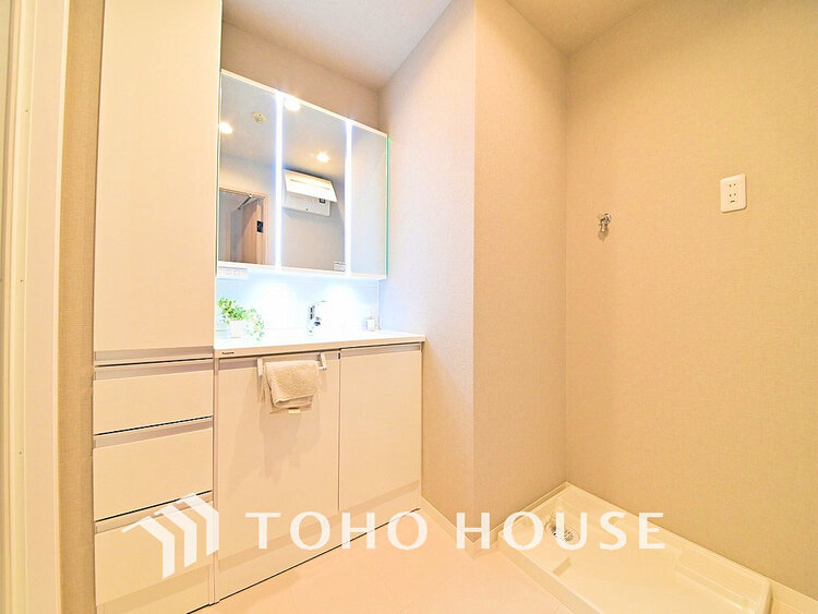 洗面 落ち着きのある色合いでまとめられた洗面室