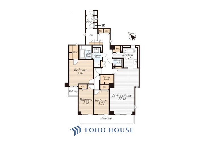 間取り ◆居心地のいい暮らし◆には欠かせない眩い採光。ゆったりとした幅の窓からこの空間に降り注ぐ採光が絶えない。明るいリビングこそ居心地のいい暮らしが待っているのだと思う。