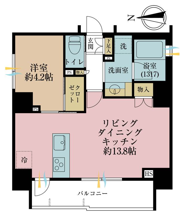 間取り 1LDK、専有面積42.52?、バルコニー面積調査中