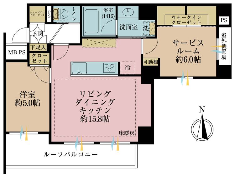 間取り 1SLDK、専有面積61.16?、ルーフバルコニー面積7.59?