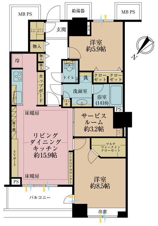 間取り 2SLDK、専有面積78.47?、バルコニー面積6.48?