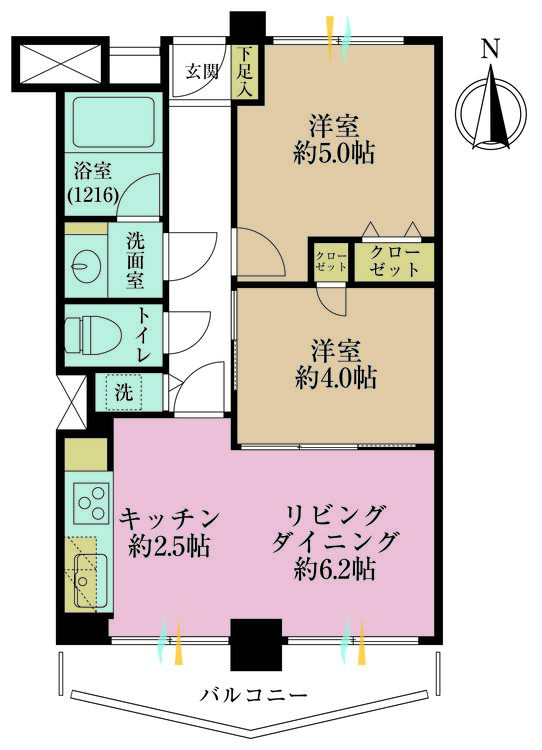 間取り 2LDK、専有面積43.16m2、バルコニー面積6.28m2