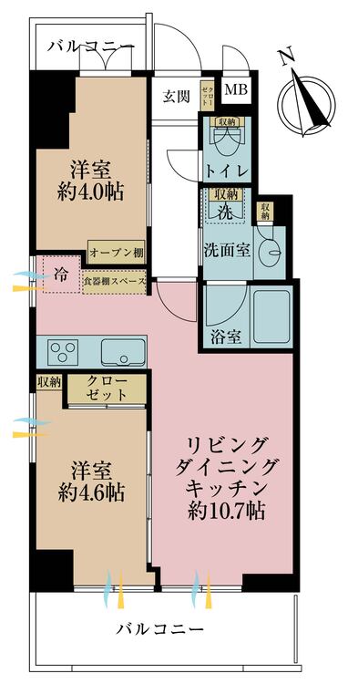 間取り 2LDK、専有面積45.84m2、バルコニー面積9.77m2