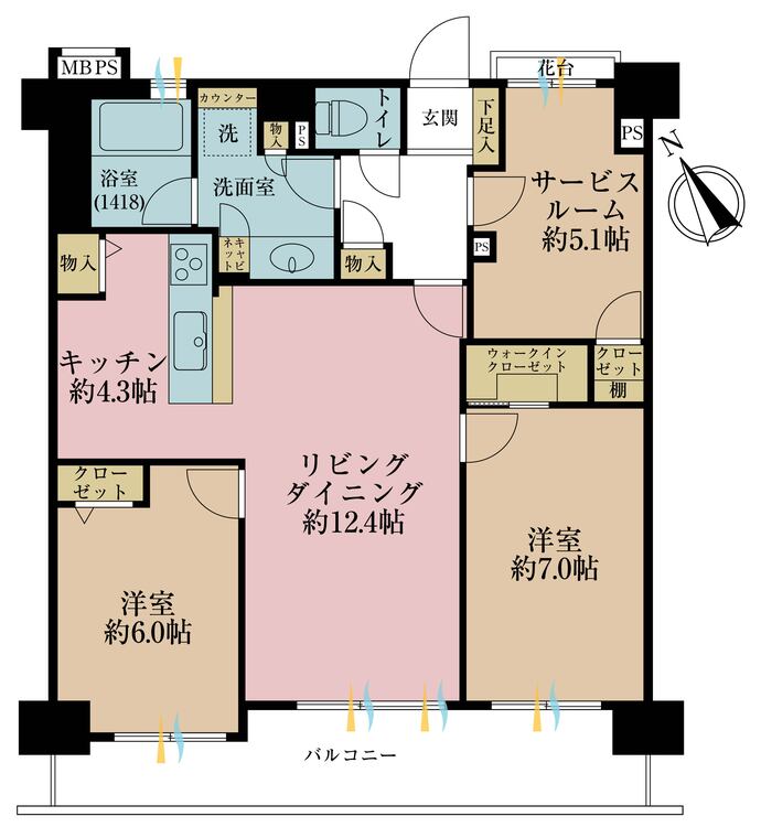 間取り 2LDK+S（納戸）、専有面積76.91m2、バルコニー面積11.49m2