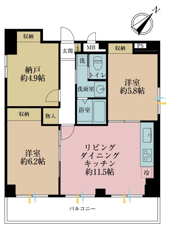 間取り 2LDK+S（納戸）、専有面積61.11m2