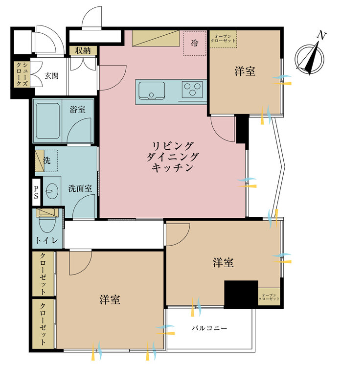 間取り 3LDK、専有面積64.95m2、バルコニー面積6.17m2