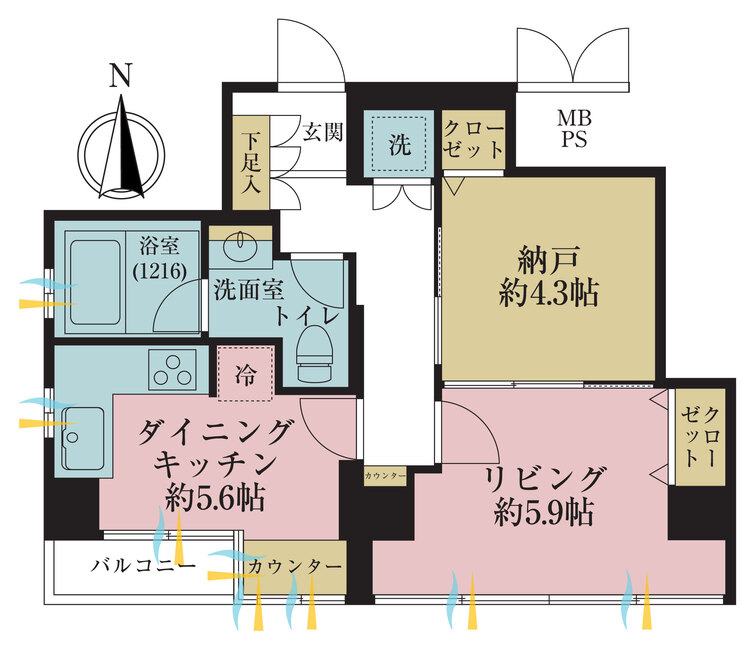 間取り 1DK+S（納戸）、専有面積38.84m2、バルコニー面積2m2