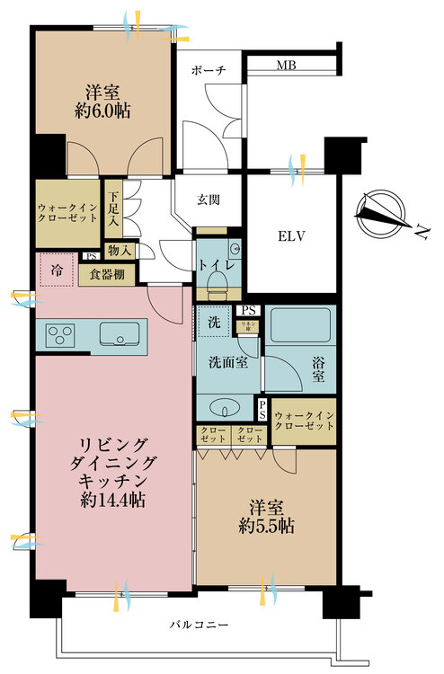 間取り 2LDK、専有面積62.23?、バルコニー面積8.44?