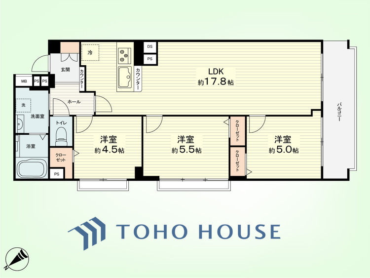 間取り 3LDK　専有面積66.33米、バルコニー面積7.28平米
