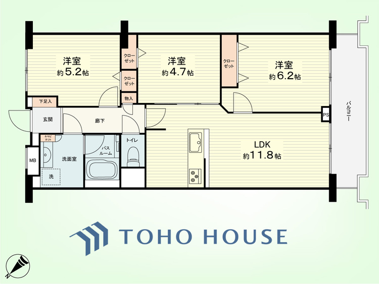 間取り 3LDK　専有面積60.01米、バルコニー面積7.28平米