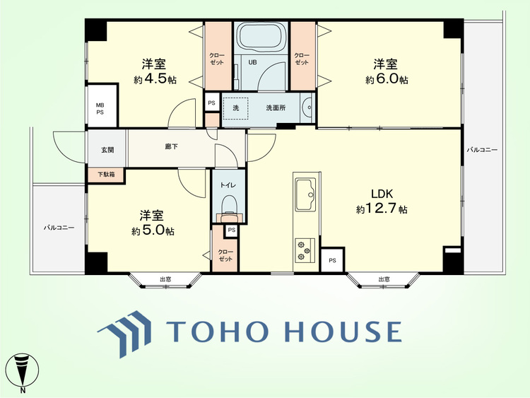 間取り 3LDK　専有面積62.27平米、バルコニー面積10.47平米