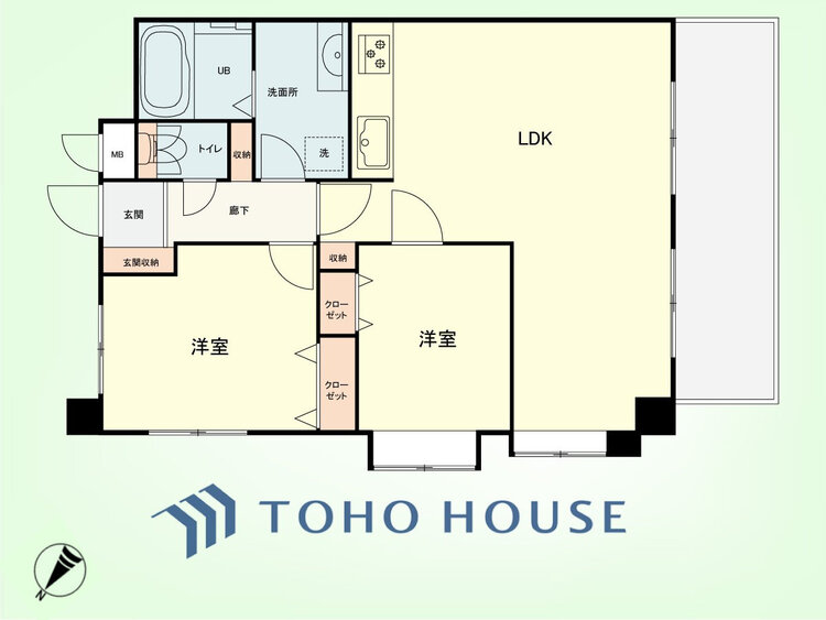 間取り 2LDK　専有面積57.21平米、バルコニー面積21.30平米