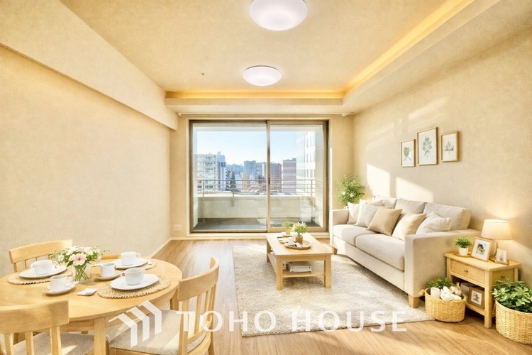 内装 ＊配置してある家具や小物はCGによるイメージ画像です。叶えたかったのは落ち着きのあるナチュラルな風合い、そして開放感があるリビング。優雅な気分に浸れる幸せな時間を家族が自然と集まりたくなるこの空間で。