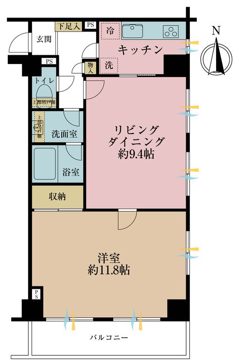 間取り 1LDK、専有面積57.23?、バルコニー面積