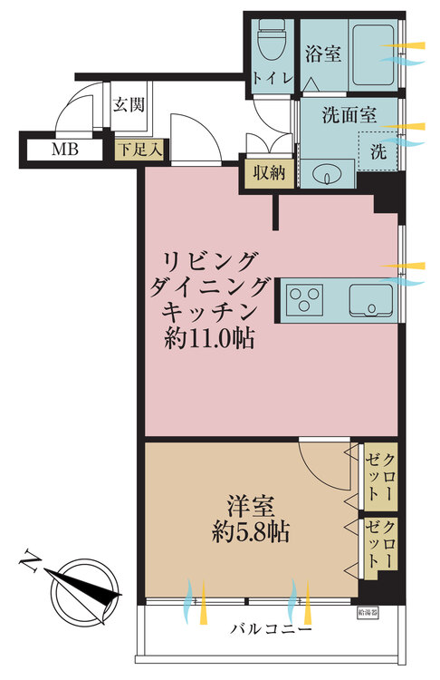 間取り 1LDK、専有面積44.26?、バルコニー面積4.55?